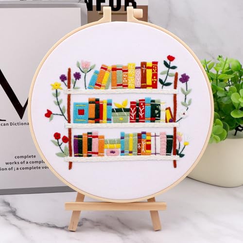 Embroidery Kit for Beginners, Needlepoint Kits for Adults with Bookshelf Stamped Pattern Hand Crafts, Adults Starter Cross Stitch Kit DIY Needlepoint with Hoop, Needles Stamped Patterns DIY Supplies - color: Bookshelf