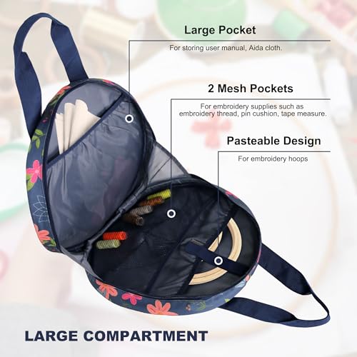 Round Embroidery Project Bag, Tote for Hoops, Floss&Sewing Supplies - color: Blue Floral