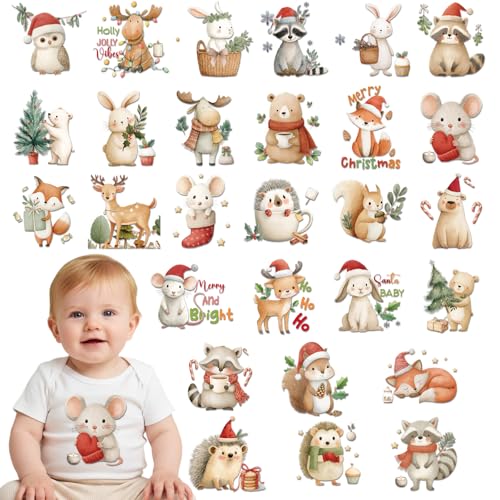 Dazoratix Christmas Baby Iron on Transfers - 28 Sheets Cute Animal DTF Ready to Press for Onesies Holiday Winter Merry Xmas Heat Patches Viny Stickers Decals for Bodysuit T Shirts Clothing DIY Crafts - style: Christmas Baby