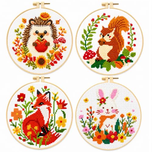 Zhenqing 4 Pack Woodland Animal Stamped Cross Stitch Kit, 11CT Printed Fox Squirrel Hedgehog Bunny Patterns with Hoop and Tools for Adults and Beginners - color: Fox Squirrel Hedgehog Bunny