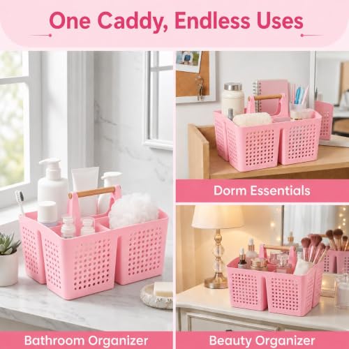 Portable Shower Caddy Basket with 3 Compartments and Handle, Caddy Pink - color: Caddy Pink