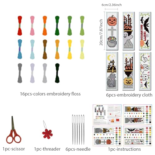 FREEBLOSS 6 Set Cross Stitch Bookmark Kit Halloween Embroidery Bookmarks Stamped Embroidery Bookmark with Instruction Counted Cross Stitch Kit for Gift Adults 8''x2.4'' - style: Halloween