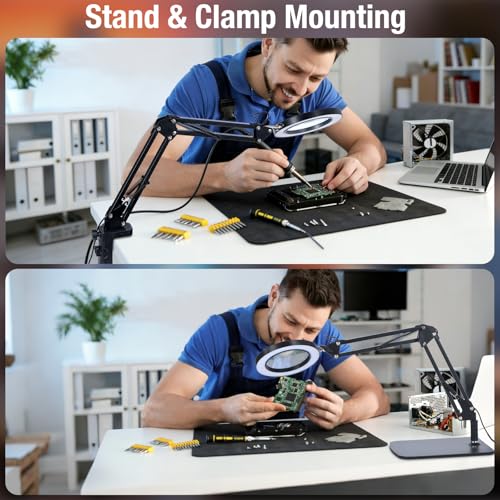 Magnifying Glass with Light and Stand, 3 Color Mode & 10 Dimmable Levels, Hands Free Lighted Magnifier with Clamp, LED Magnifying Desk Lamp for Close Work, Reading, Crafts, Painting Miniatures