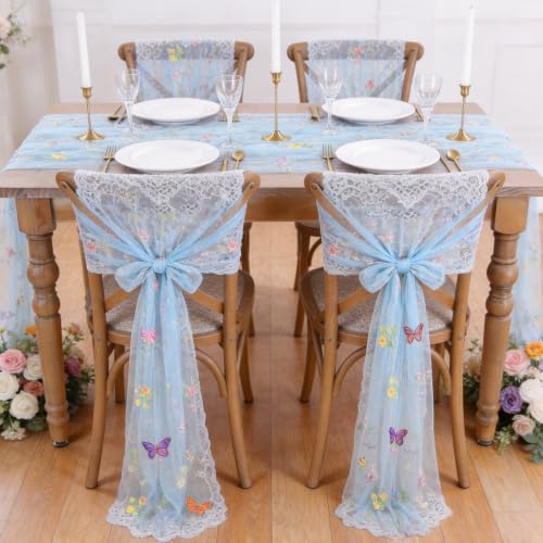Floral Gauze Table Runner Centerpieces 10ft Embroidery Flower Tulle Spring - color: Baby Blue, size: 27"x120",6pcs