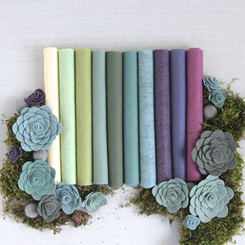 Benzie Design Wool Felt, 10 pcs 9"x12" in Flower Colors with Matching DMC Embroidery Floss, 1 mm Thick, Soft & Pliable, Wool Blend Felt, Succulents 9"x12" & Floss