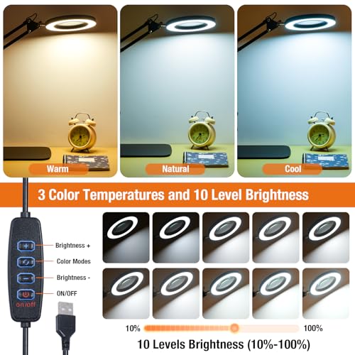 Magnifying Glass with Light and Stand, 3 Color Mode & 10 Dimmable Levels, Hands Free Lighted Magnifier with Clamp, LED Magnifying Desk Lamp for Close Work, Reading, Crafts, Painting Miniatures