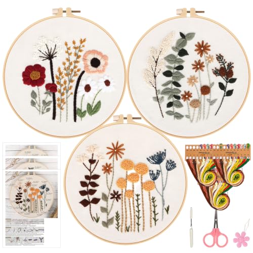 Herdiese Embroidery Kit for Beginners & Adults, 3 Floral Patterns & Hoop - color: Flower-E (3 Pack)