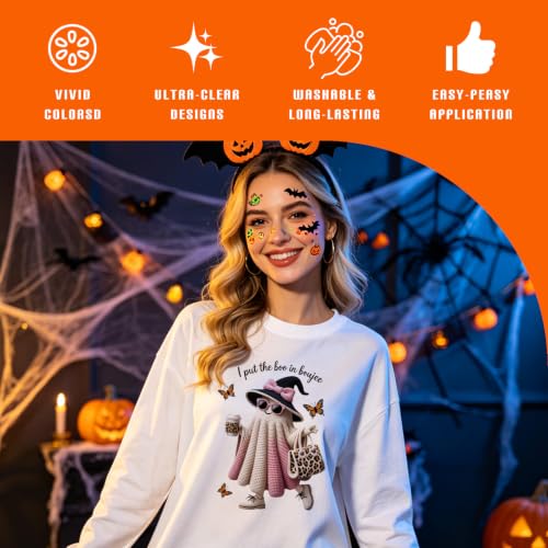 Dazoratix Halloween Iron on Transfers - 24 Sheets Spooky Ghost DTF Ready to Press Funny Boo Bow Pumpkin Heat Patches Vinyl Stickers Decal for T Shirts Clothes Hoodies Pillow Bag DIY Crafts Decorations - style: Spooky Halloween