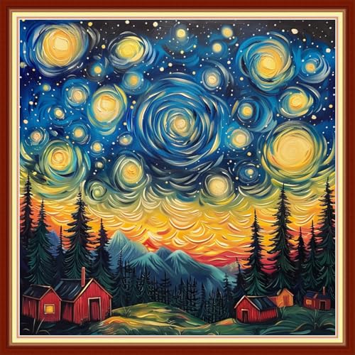 Joyhoor Stamped Cross Stitch Kits for Beginners, Needlepoint Kits for Adults, 11CT Counted Embroidery Kits-Van Gogh Starry Sky 18x18 inchs - color: Artstyle05