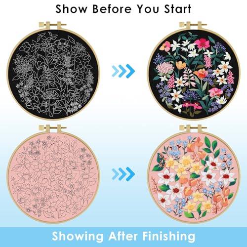 ERKOON Embroidery Kit for Beginners Adult, 2 Set Floral Cross Stitch Set Include Embroidery Cloth Hoops Threads for Craft Lover Hand Stitch with Embroidery Skill Techniques (Flower) - color: Flower