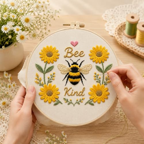 ARTopet Embroidery Kit for Adults Beginners Flower DIY Craft Starter Set Cotton Needlepoint Set with 7.87In Hoop Threads Tools Perfect Gifts for Hobbyists to Create Wall Art-Bee - color: Bee