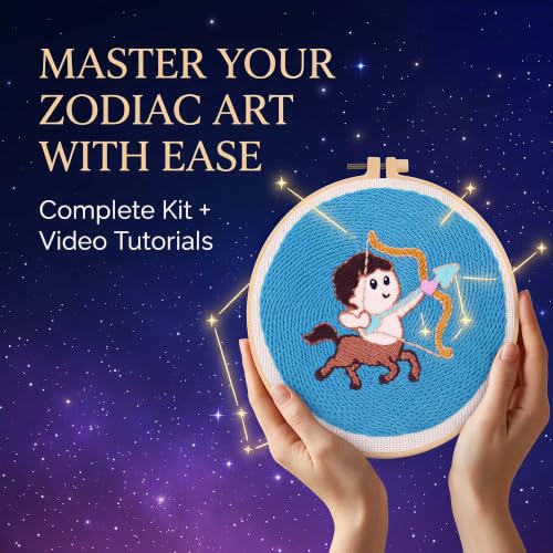 Harimau Punch Needle Kit Twelve Zodiac Signs Pattern,1Pc Embroidery Hoop, Essential Punch Needle Supplies,Ideal Punch Art for Beginners,DIY Adults Embroidery, Video Teaching - color: 65283