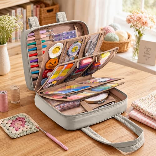 AMOIGEE Sewing Bag Organizer with 17 Clear Pockets and Tool Holders - color: Greige