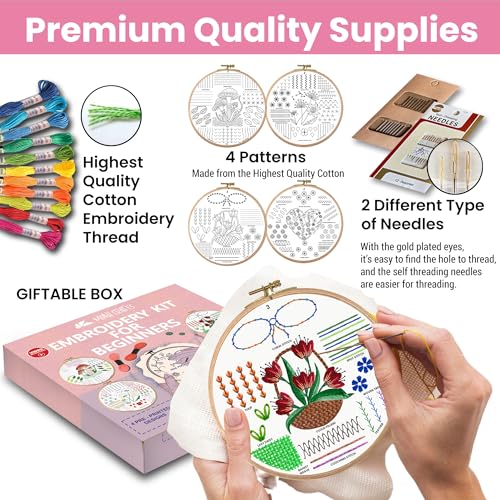 Moni Crafts Adult Beginner Embroidery Kit – 4 Pre-Printed Patterns (Flower, Mushroom, Floral, Heart) – Learn 41 Stitches, Hand Embroidery Starter Craft Set - color: Beginners - Practice B