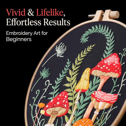 Harimau Adult Beginner Embroidery Starter Kit, Complete Set with 4 Patterns, 2 Hoops, Needles, Scissors, Instruction Guide & Stitching Video Tutorials - color: Mushroom pattern