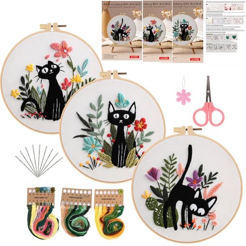 Konrisa 3pcs Embroidery Kits for Beginners Creative Black Cat and Flower Pattern Cross Stitch Practice Kit DIY Sewing Needlepoint, Include 1pcs Hoop - color: black cats