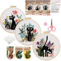 Konrisa 3pcs Embroidery Kits for Beginners Creative Black Cat and Flower Pattern Cross Stitch Practice Kit DIY Sewing Needlepoint, Include 1pcs Hoop - color: black cats