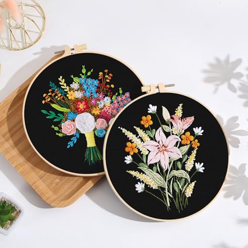 ERKOON 4 Sets Embroidery Kit, Floral Cross Stitch Set for Include Embroidery Cloth Hoops Threads for Craft Lover Hand Stitch(Floral) - color: Floral