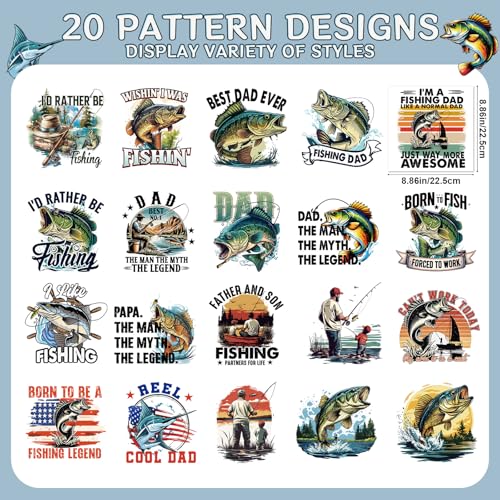 Dtf Transfers Ready to Press - 20Pcs Gone Fishing Dad Iron on Transfer for Tshirts, Father's Day Iron on Decals Patches, Fish Lovers Heat Transfer for DIY Clothes Bags Hats Dad Gifts - color: Dad Fishing480