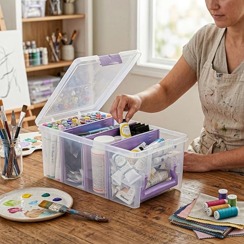 ArtBin Semi Satchel Portable Craft Organizer with 3 Dividers - Clear Plastic Storage Case for Art & Craft Supplies - color: Purple, size: Pack of 1