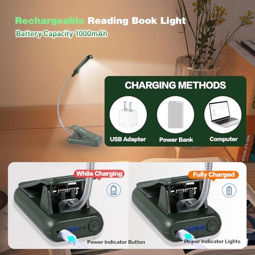 VAVOFO Rechargeable Book Light for Reading in Bed Kids, 7 LED Reading Light with 9-Level Warm Cool White Daylight, Eye Care Lamp with Power Indicator for Bookworms (Garden Green) - color: Garden Green