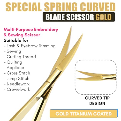 Cross Edge Curved Spring Scissors 5 Inch Stainless Steel Precision Eyebrow & Eyelash Shaping & Trimming Scissor, Snips Squeeze, Embroidery, Knitting Micro Tip Craft Scissors (Gold) - color: Cec-ss-26