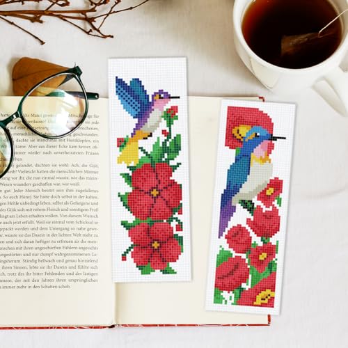 INFUNLY 6pcs Hummingbirds Cross Stitch Bookmark Kit for Adults Beginners Flowers DIY Cross Stitch Kits Pre-Printed Plants Stamped Embroidery Bookmark Kit with Instruction for Book Lovers Readers - style: Hummingbirds