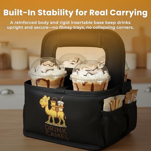 Drink Carrier with Handle – Durable No-Spill Insulated (4 Cup, Black) - color: Jet-Black, size: 4 cup