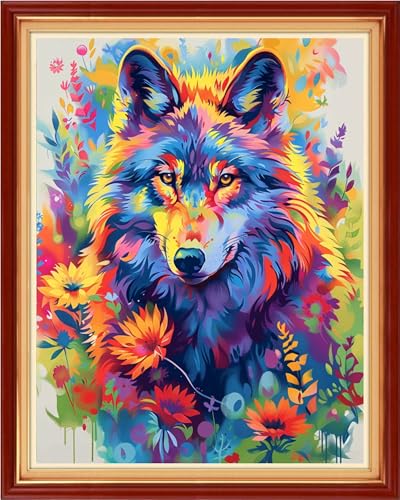 Funchey Stamped Cross Stitch Kits, DIY Cross Stitch Pattern for Adults Beginners Needlepoint Kits Embroidery Kit Arts and Crafts 11CT-Colorful Wolf 16x20 inchs - color: HandicraftColor25