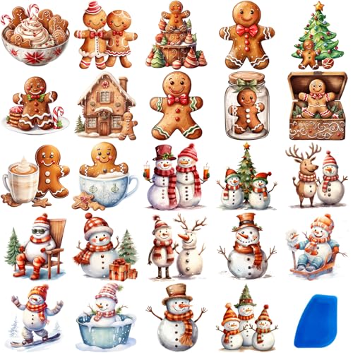 ZMRU 24 Sheets Vintage Christmas Rub On Transfers for Crafts, Rub On Transfers Christmas for Wood Slices，Furniture Decals, Glass, Leather, Canvas, Fabric Projects,3 * 3inch(Gingerbread and Snowmen) - color: Gingerbread and Snowmen