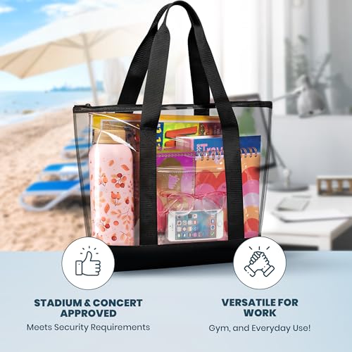 Handy Laundry Clear Tote Bag - Zipper Closure, Long Shoulder Strap, Fabric Trimming. - color: Black