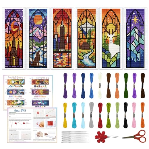 ACRNIGHEET 6PCS Cross Stitch Kits Stamped Cross Stitch Bookmark Kit for Beginner Adults Window View DIY Embroidery Bookmark Kit Needlepoint Kits with Instructions Book Lovers Craft Gift 8.5''x3'' 11CT - style: Window view patterns