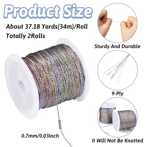 Beadthoven 2 Rolls Metallic Cord Twine, Colorful Thread String for Bracelet Making Jewelry Braided Thread Rope 9-Ply Embroidery Thread Floss for Gift Wrapping Home Décor Upholstery Curtain DIY Crafts - color: Light Metallic Color-colorful