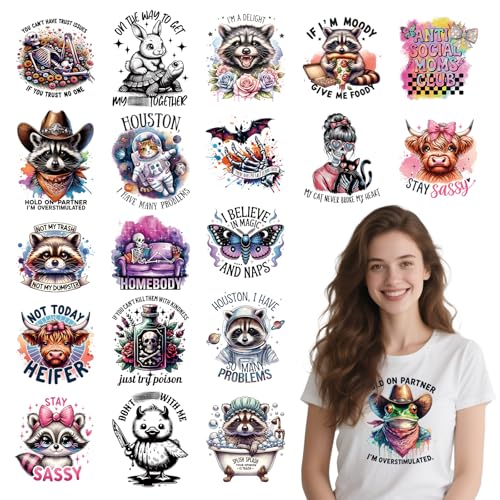 Dtf Transfers Ready to Press - 20 Pcs Funny Animal Iron on Patches for T-Shirts, Sarcastic Raccoon Skeleton Cat Cow Heat Transfer Designs Vinyl Stickers, Iron on Decals for DIY Clothes Bags - color: Humorous Animal