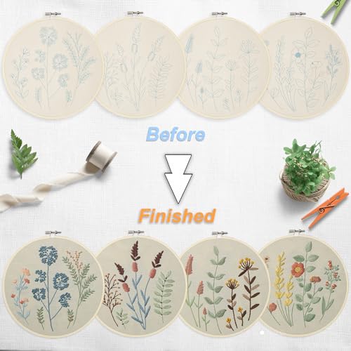 Bonroy 4 Sets Embroidery Kit for Beginners,Embroidery Kit for Art Craft Handy Sewing Include Embroidery Clothes with Pattern,Embroidery Hoops, Instructions,Color Threads Needle Kit (Multi 5) - color: Multi 5