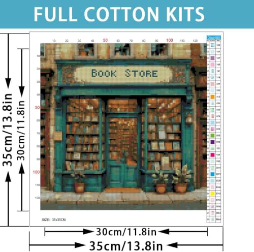 Vintage Book Store Stamped Cross Stitch Kits for Adults, 11CT Needlepoint Counted Cross Stitch Kits for Beginner, Printed Dimensions Embroidery Kit Art Craft for Home Wall Decor 14x14 Inch - color: SZXY010-US