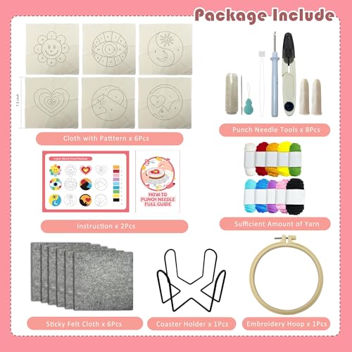 SEREDH Punch Needle Coasters Kit for Beginners Adults Easy Needle Punch Embroidery Kit Set Threader Instruction Fabric Hoop Yarn Tufting Coaster DIY Making,Coaster Holder Coaster Art Craft Supplies - color: Rainbow