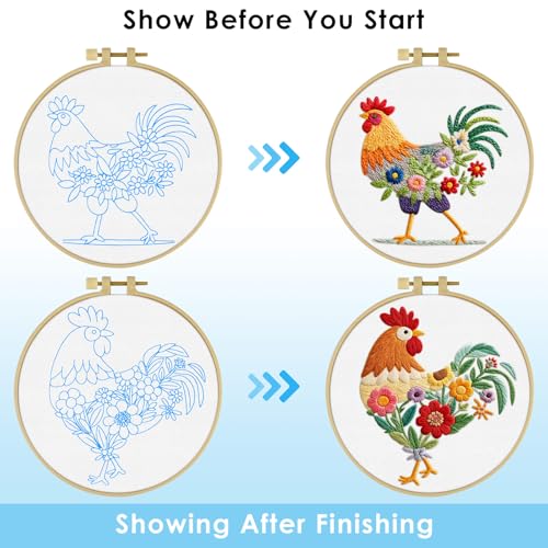 ERKOON Embroidery Kit for Beginners Adult, 2 Set Cross Stitch Set Include Embroidery Cloth Hoops Threads for Craft Lover Hand Stitch with Embroidery Skill Techniques (Rooster) - color: Rooster