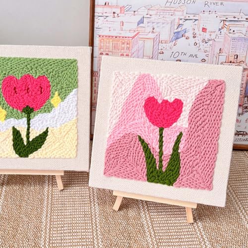 Allazone Punch Needle Embroidery Kit With Frame, Square Fabric, Flower Pattern, Hoop, Yarns (Pink Tulip) - color: Pink