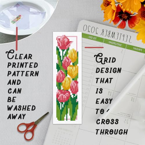 BEUNITONE 6 Set Floral Bookmark Cross Stitch Kits for Beginners with Instructions Floral Bookmarks Cross-Stitch Kit Stamped Embroidery Bookmark DIY Crafts Book Marker for Book Lovers 8''x2.4'' 11CT - style: Flower Cluster A