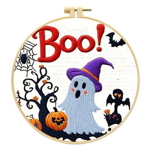 Zhenqing Halloween Ghost Embroidery Kit for Beginners, Cute Boo Needlework Kit with Pre-Printed Cotton Fabric, 20cm Hoop, Threads & Tools, Spooky DIY Wall Decor (C0117) - style: Halloween Ghost