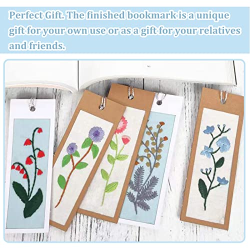 AHANDMAKER Embroidery Bookmark Set, Floral Plant Stamped Embroidery Bookmark for Adults Counted Cross Stitch Kit with Needle Tassel Cards Embroidery Hoop Instructions