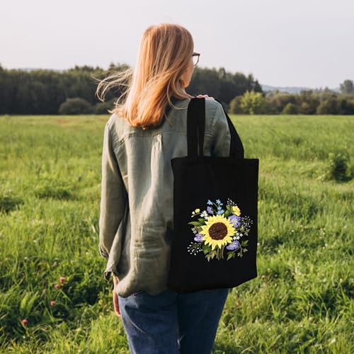 Canvas Tote Bag Embroidery Kit with Sunflower Pattern, Embroidery Kits for Beginners Adults, Arts and DIY Crafts Embroidery Starter kit, Include Stamped Embroidery Bag, Color Threads, Embroidery Tools - color: Black with Sunflower