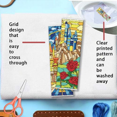 FREEBLOSS 6 Set Cross Stitch Bookmark Kit 11 CT Stamped Cross Stitch Kit DIY Embroidery Bookmark Kits for Adult Beginners with Instructions, Stained Glass Castle Pattern, 6 x 20 cm/8" x 2.4" - style: Colored Glass Castle