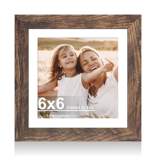 Hongkee 6x6 Picture Frame with Real Glass Wood Frame, 1 Pack (with Mat 4x4) - color: Rustic Brown, size: 6X6 in