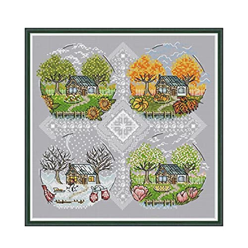 CaptainCrafts Cross Stitch Kits for Adults Stamped Cross Stitch Printed Fabric Cross Stitching DIY Art DMC Needlecrafts Embroidery Kit for Adults (Stamped, Cottage Scenery Four Seasons) - color: Cottage Scenery Four Seasons, style: Stamped