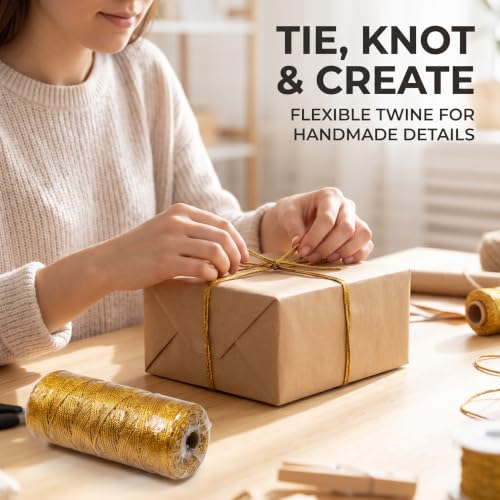 100M/328 Feet Gold String Twine for Crafts Decorative Metallic Bakers String Bakers Twine Glitter Gold Cord for Crafting Decorative Wrapping String for DIY Crafts Presents Gift Wrapping