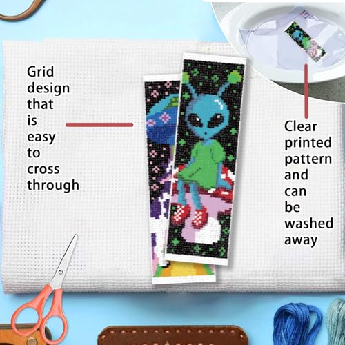 FREEBLOSS 6 Set Cross Stitch Bookmark Kits Alien Pattern Stamped Cross Stitch Kit 11CT Embroidery Kit with Instructions for Beginners 20x6cm/8x2.4inch - style: Alien
