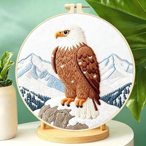 Zhenqing Bald Eagle Embroidery Kit for Beginners, Wildlife Mountain Needlework Craft with Pre-Printed Cotton Fabric, Hoop, Threads & Tools (C0211) - color: Bald Eagle