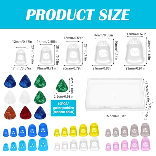Guitar Fingertip Protectors, 30 Pcs 5 Sizes Soft Silicone Finger Tips Protectors with 10 Picks and Storage Box for Acoustic Electric Guitar Ukulele Banjo Mandolin